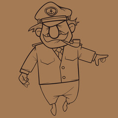 sketch of a cartoon man in the form of a sea captain with a pipe in his mouth