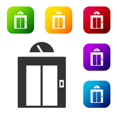Black Lift icon isolated on white background. Elevator symbol. Set icons in color square buttons. Vector.