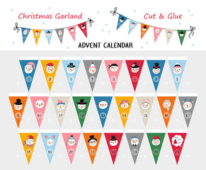 Advent Calendar. Christmas Bunting Garland with Cute Snowman Faces. Colorful Multicolored Triangle Paper Numbered Flags - Cut Out and Glue. Printable Party Decoration Template. Vector illustration