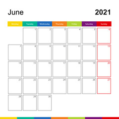 June 2021 colorful wall calendar, week starts on Monday.