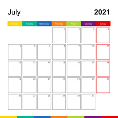 July 2021 colorful wall calendar, week starts on Monday.