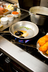 Steamed mussels. Mussels being prepared by a chef in a restaurant kitchen. Classic Italian restaurant entree favorite. Shellfish and seafood prepared with pork, sauces, meats and cheeses.