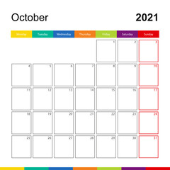 October 2021 colorful wall calendar, week starts on Monday.