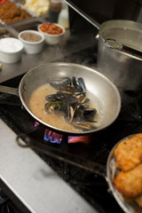 Steamed mussels. Mussels being prepared by a chef in a restaurant kitchen. Classic Italian restaurant entree favorite. Shellfish and seafood prepared with pork, sauces, meats and cheeses.