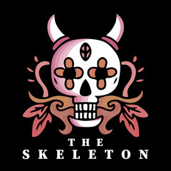 Cool skull with horn and flower in the eye, illustration for logo, poster, sticker, or apparel merchandise. With tribal and hipster style.