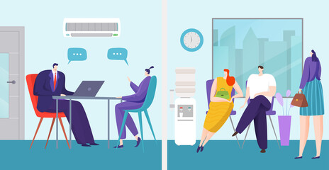 Job interview in office concept, vector illustration. Hiring to work, business employee recruitment for career. People candidat character talk with flat businessman, human employment.