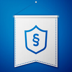 Blue Justice law in shield icon isolated on blue background. White pennant template. Vector.