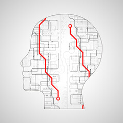 Artificial intelligence (AI) and big data concept. Machine cyber mind. Humen face with binary data flow. Technology vector background.