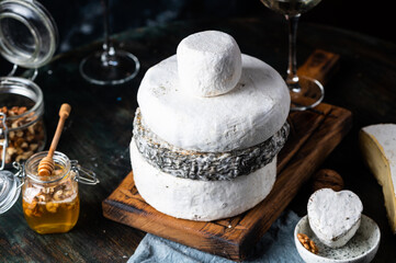 Various types of cheese composition. Gorgonzola, camembert, brie cheese. Roquefort, dor blue. Walnut and wine. Appetizer and gourmet food. Honey in jar