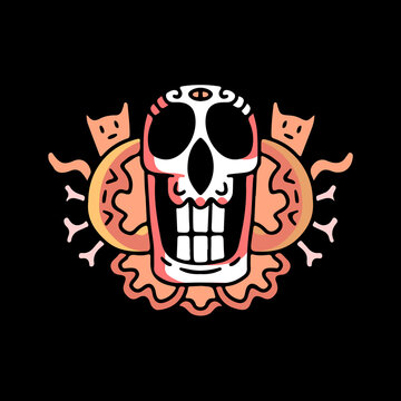 skull and two little cat in tribal art, illustration for poster, sticker, or apparel merchandise.With tribal and hipster style.