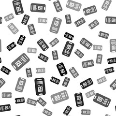 Black Online ticket booking and buying app interface icon isolated seamless pattern on white background. E-tickets ordering. Electronic train ticket on screen. Vector.