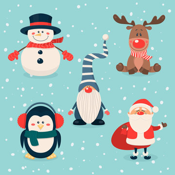 Vector Christmas Cute Characters and Animals Set. Santa Claus, Snowman, Reindeer, Gnome, Penguin in Cartoon Flat Style. Design Template for Merry Christmas and Happy New Year Card