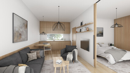 Fototapeta na wymiar Small modern wooden apartment interior showcase