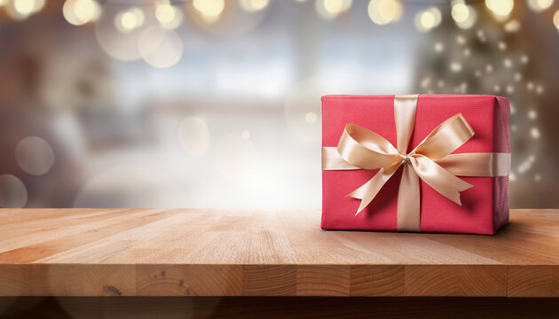A Christmas beech wood tabletop product display with a red present on the right of the table and a festive background.