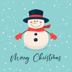 Merry Christmas Postcard. Vector Christmas Cute Snowman with Hat and Scarf in Flat Style. Design Template for Merry Christmas and Happy New Year Card. Cartoon Kids Character