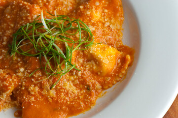 Pesto Pasta with jumbo shrimp and pesto sauce (extra virgin olive oil, pine nuts and basil), mixed with fresh chopped asparagus and halved cherry tomatoes served over homemade pasta & seasoned w/ s&p.