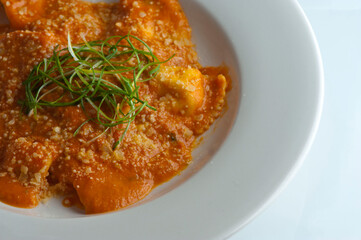 Pesto Pasta with jumbo shrimp and pesto sauce (extra virgin olive oil, pine nuts and basil), mixed with fresh chopped asparagus and halved cherry tomatoes served over homemade pasta & seasoned w/ s&p.