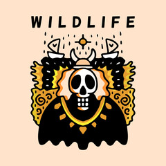 Cool viking skull and wildlife typography, illustration for poster, sticker, or apparel merchandise.With tribal and hipster style.