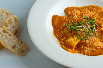 Pesto Pasta with jumbo shrimp and pesto sauce (extra virgin olive oil, pine nuts and basil), mixed with fresh chopped asparagus and halved cherry tomatoes served over homemade pasta & seasoned w/ s&p.