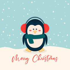 Merry Christmas Postcard. Vector Christmas Cute Penguin in with Headphones in the Snow Scene in Flat Style. Design Template for Merry Christmas and Happy New Year Card. Cartoon Kids Character