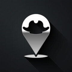 Silver Location pirate icon isolated on black background. Long shadow style. Vector.