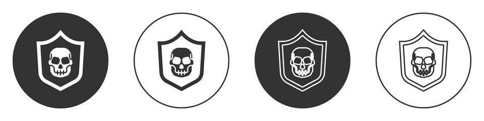Black Shield with pirate skull icon isolated on white background. Circle button. Vector.