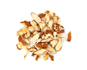 broken almonds natural roasted isolated on white background