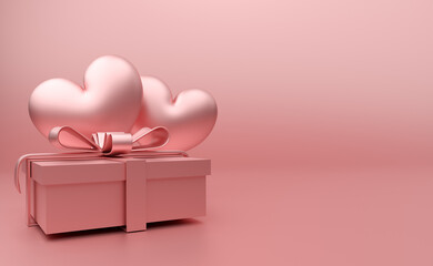 heart balloon and gift box in pink pastel composition for modern stage display and minimalist mockup ,birthday balloons and party or celebrations ,3d illustration or 3d render