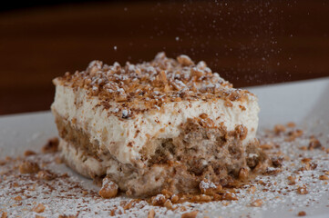Tiramisu Dessert. Classic Italian dessert. Lady fingers soaked in syrup, espresso and layered with cream, nuts and powdered sugar.