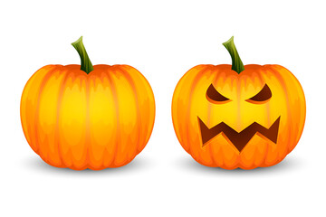 Vector Cartoon Halloween Pumkin Lantern. Funny Face and Blank. Set Closeup Isolated on White Background. Front View. Design Template. Autumn Holidays, Halloween Concept