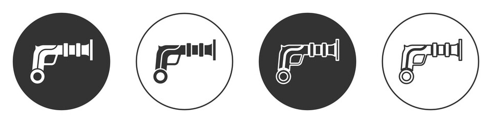 Black Vintage pistols icon isolated on white background. Ancient weapon. Circle button. Vector.