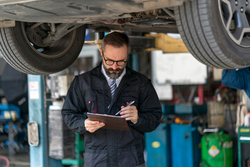 Portrait of professional staff confident working on maintenance inspection in the auto services/tires services centre	