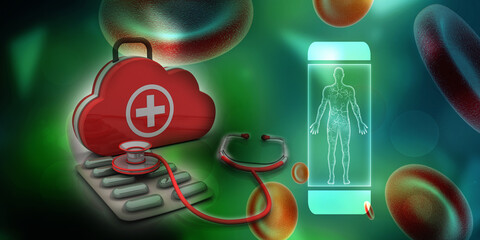 3d rendering First aid kit in cloud near Stethoscope and pill
