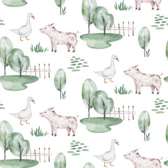 Watercolor seamless pattern with cute farm animals with goat, horse, goose and cow. chicken, sheep and pig domestic animal illustration. © kris_art