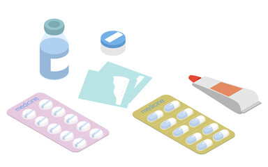 錠剤、カプセル、軟膏などの医薬品のイラストセット　アイソメトリック