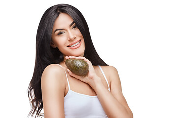 portrait of attractivesmiling woman holding avocado isolated on white