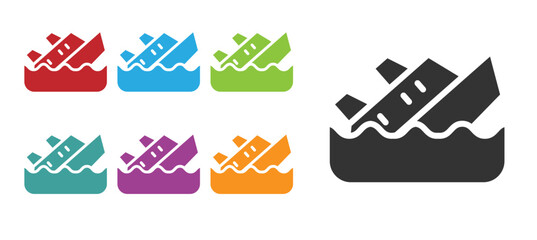 Black Sinking cruise ship icon isolated on white background. Travel tourism nautical transport. Voyage passenger ship, cruise liner. Set icons colorful. Vector.