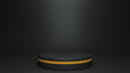 Round podium with gold insert on black background, 3D rendering , 3D illustration