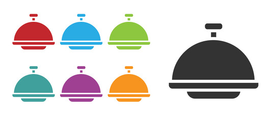 Black Covered with a tray of food icon isolated on white background. Tray and lid sign. Restaurant cloche with lid. Set icons colorful. Vector.