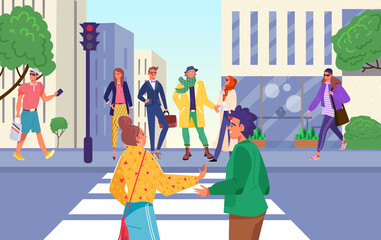 Naklejka premium Crosswalk road, people wait for traffic light signal at street, vector illustration. Urban sidewalk for safety, caution at red stop light for pedestrian. Control safe at road, outdoors concept.