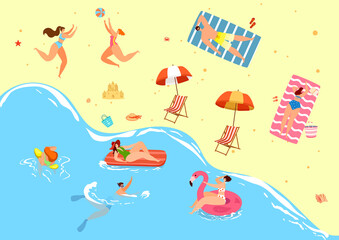 Beach summer vacation for people, vector illustration. Sea resort, woman man travel to ocean rest, flat holiday near sand, water. Happy cartoon sunbathing at tropical sun, nature coast background.