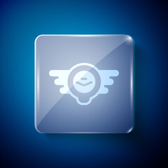 White Aviation emblem icon isolated on blue background. Military and civil aviation icons. Flying emblem, eagle bird wing and winged frame. Square glass panels. Vector.