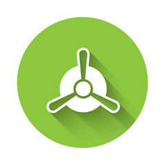 White Plane propeller icon isolated with long shadow. Vintage aircraft propeller. Green circle button. Vector.