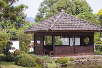 Fototapeta na wymiar Wooden house for visitors in Cipanas