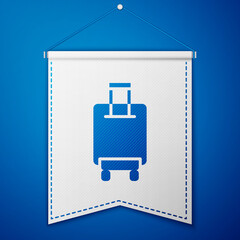 Blue Suitcase for travel icon isolated on blue background. Traveling baggage sign. Travel luggage icon. White pennant template. Vector.