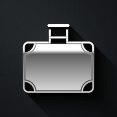 Silver Suitcase for travel icon isolated on black background. Traveling baggage sign. Travel luggage icon. Long shadow style. Vector.