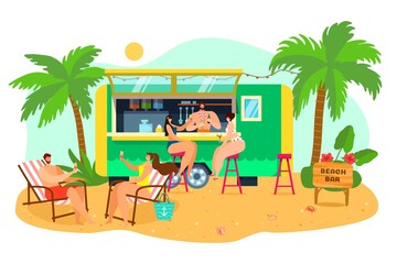 Beach summer vacation, vector illustration. Cartoon sea bar near tropical palm, people character drink cocktail at holiday travel. Flat ocean paradise resort design, happy man woman.