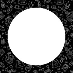 Hand drawn doodle template of pet shop. Dog accessories elements: doghouse, leash, bone, care elements ets. Sketch style vector stock illustration with space for text isolated on black  background.