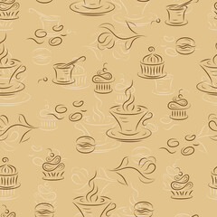 Dessert. Seamless pattern with coffee and sweets. Brown vintage background.