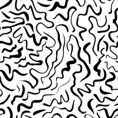 Wavy and swirled brush strokes vector seamless pattern. Doodle lines, black paint freehand scribbles, abstract ink background. Brushstrokes, smears, lines, squiggle pattern. Wallpaper design